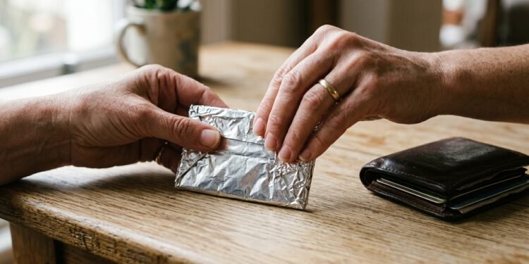 Mãos envolvendo cartão de crédito em papel alumínio sobre mesa de madeira
