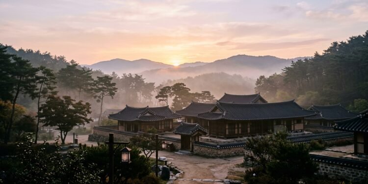 Casa tradicional coreana hanok ao amanhecer com névoa e luz dourada em atmosfera de reflexão