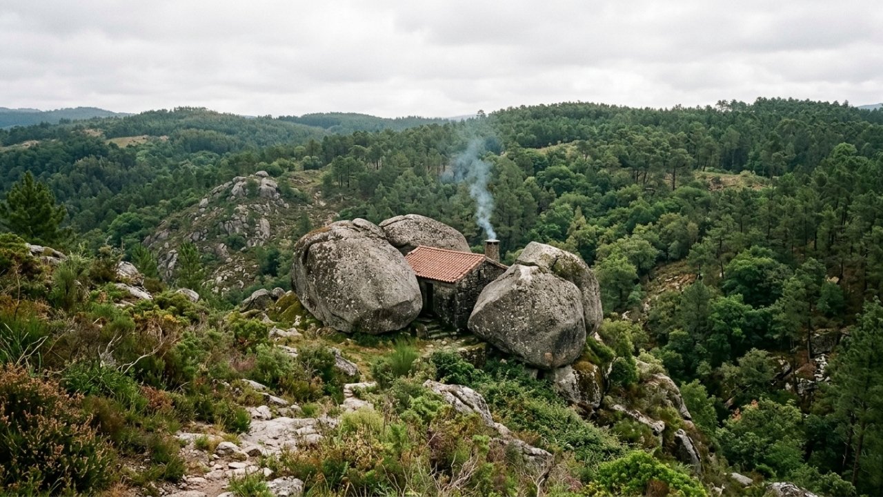Casa de pedra integrada à paisagem de Portugal