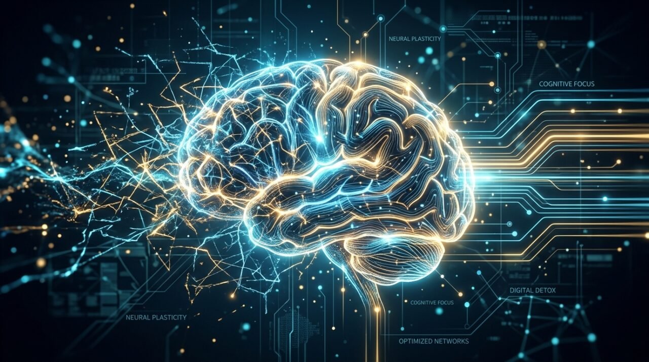 Ilustração digital de um cérebro humano integrado a circuitos eletrônicos e conexões neurais brilhantes em tons de azul e dourado, representando o conceito de foco cognitivo e plasticidade neural.