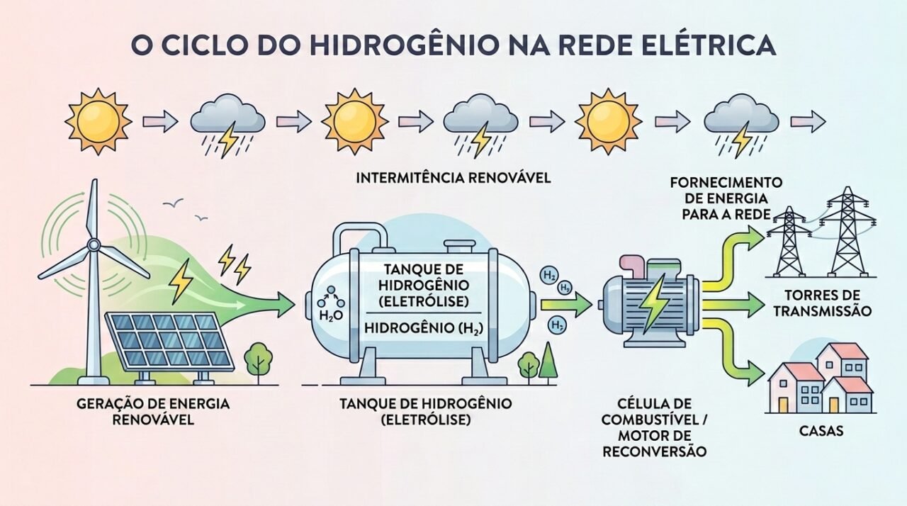 O papel do motor: transformar o excedente de sol e vento em hidrogênio e devolvê-lo à rede nas horas críticas (Imagem: Ilustrativa IA)