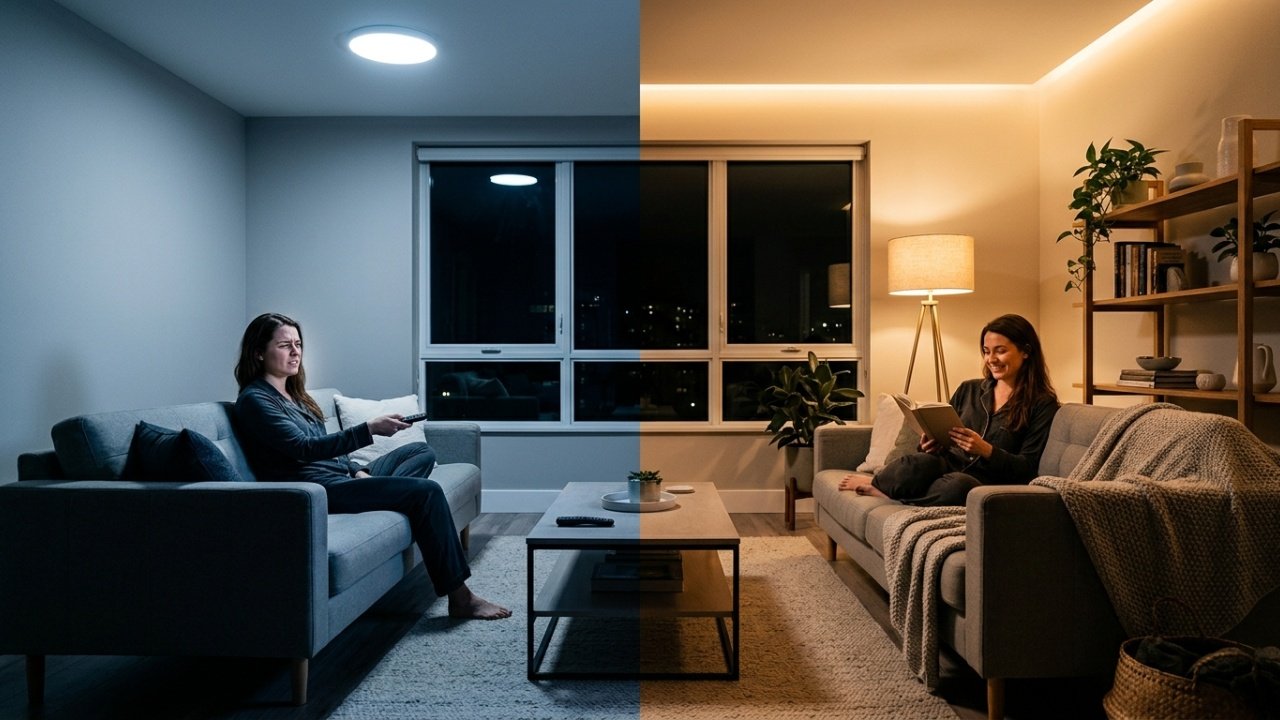 A luz branca na sala pode deixar tudo mais visível e ainda assim acabar com o conforto da decoração