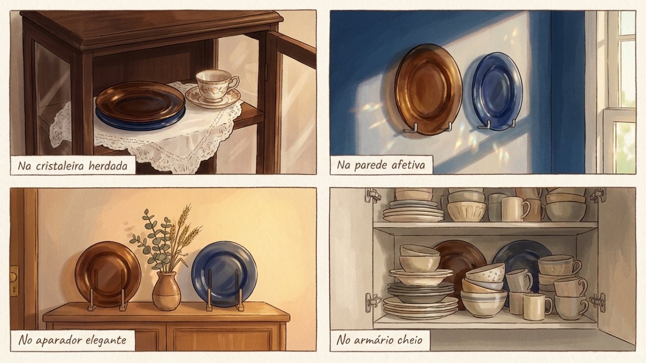 O que significa ter pratos antigos de vidro marrom e azul em casa