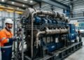 Motor industrial de grande porte movido a hidrogênio em laboratório de testes com engenheiro ao lado mostrando a escala