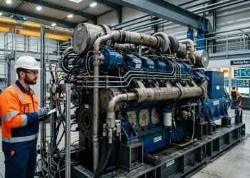 Motor industrial de grande porte movido a hidrogênio em laboratório de testes com engenheiro ao lado mostrando a escala