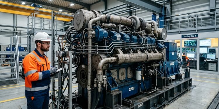 Motor industrial de grande porte movido a hidrogênio em laboratório de testes com engenheiro ao lado mostrando a escala