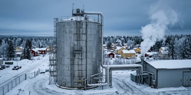 Silo da maior bateria de areia do mundo em paisagem nevada na Finlândia, conectado por tubulações à rede de aquecimento da cidade