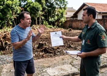 Fiscal ambiental autuando morador diante de terreno com árvores cortadas.
