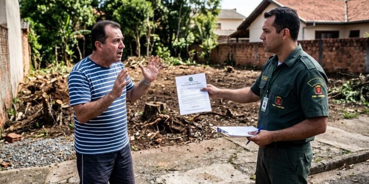 Fiscal ambiental autuando morador diante de terreno com árvores cortadas.