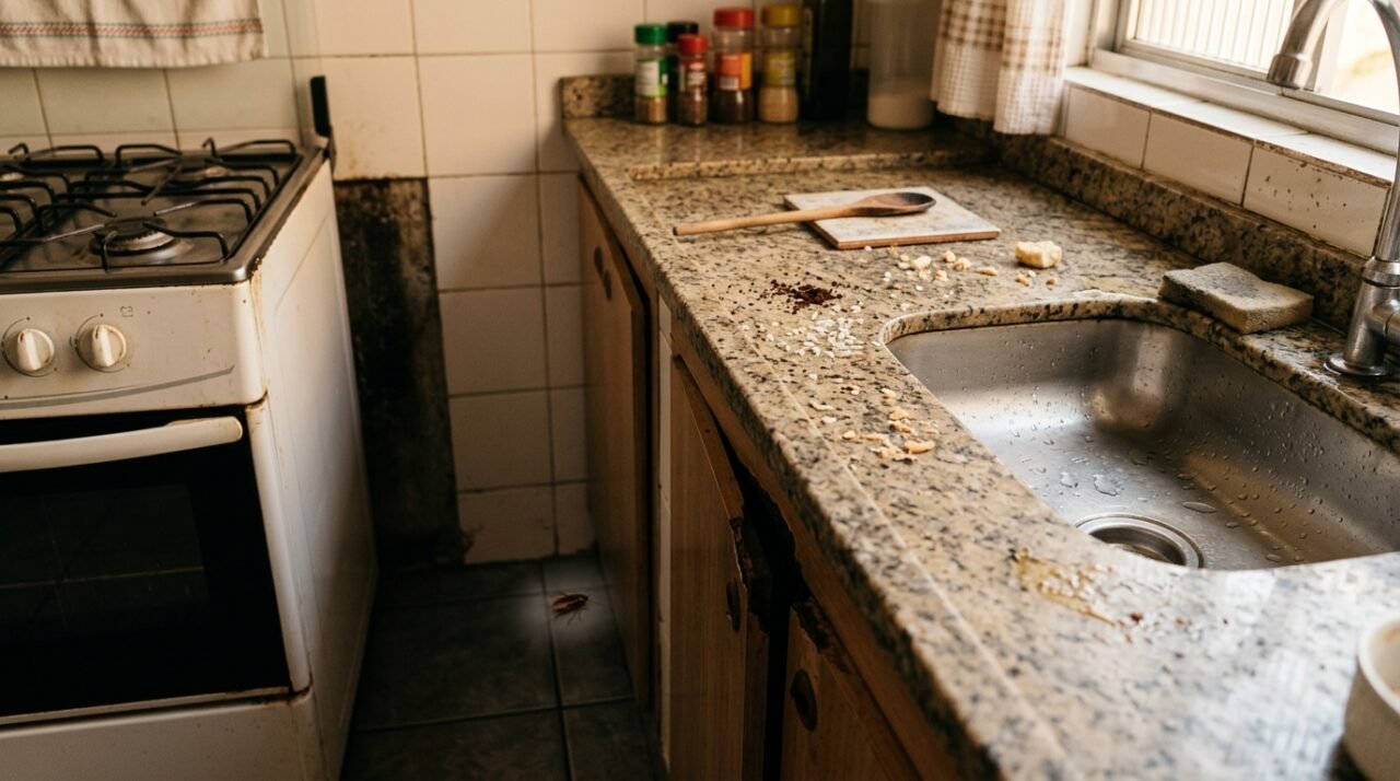 Comida, água, calor e esconderijos: a combinação que transforma a cozinha no ambiente preferido das baratas. (Imagem: Ilustrativa IA)
