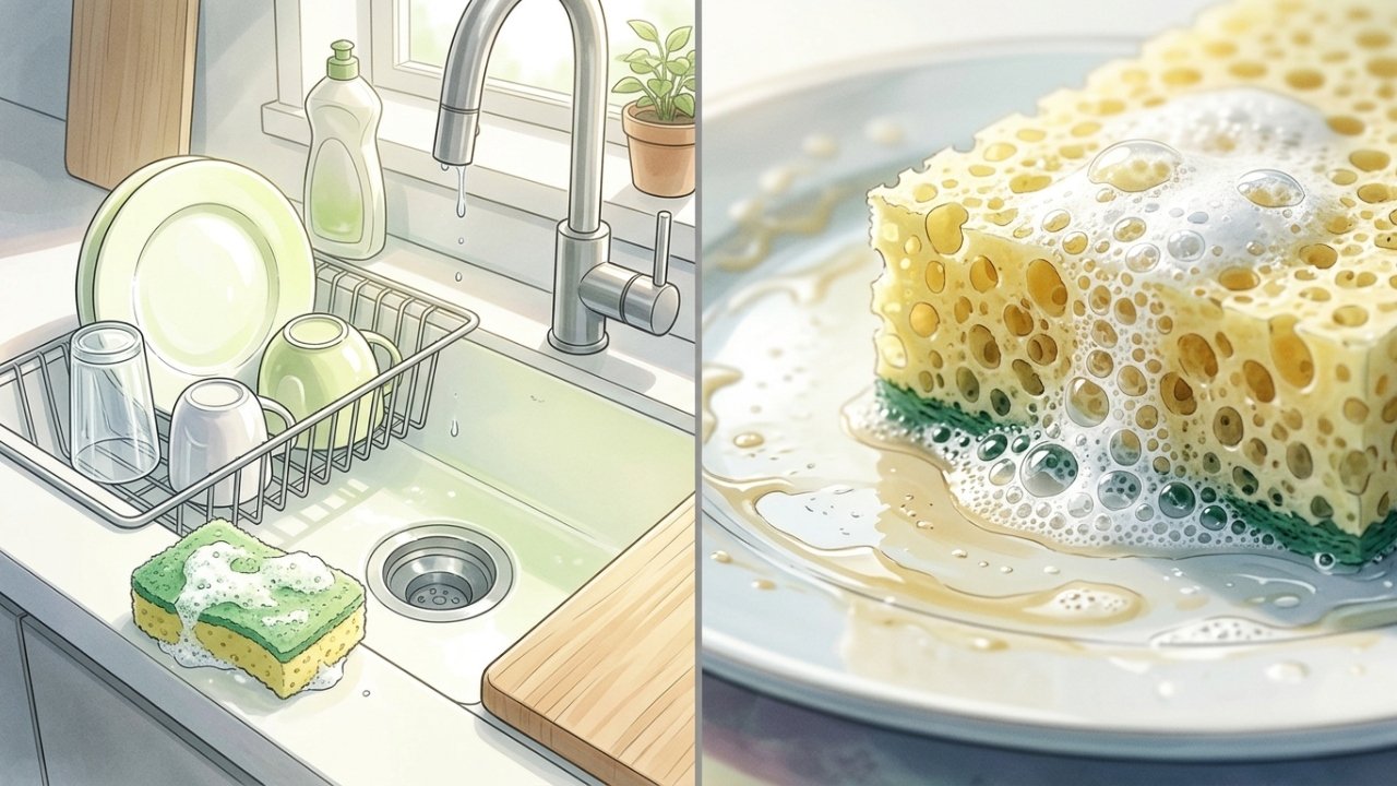 Qual esponja de cozinha é adequada para lavar pratos: fibra verde, aço ou vegetal?