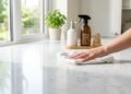 Mão limpando bancada clara de cozinha com pano branco, com um frasco de limpador natural e planta ao fundo, perto de uma janela bem iluminada.