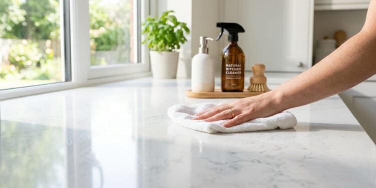 Mão limpando bancada clara de cozinha com pano branco, com um frasco de limpador natural e planta ao fundo, perto de uma janela bem iluminada.