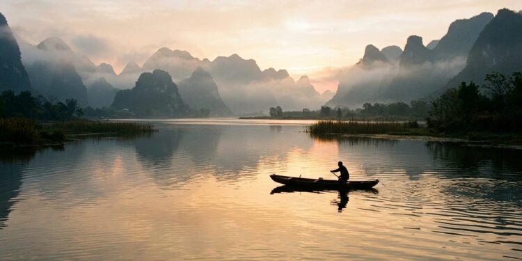 Lago tranquilo ao amanhecer com barco de pesca e montanhas enevoadas em paisagem chinesa