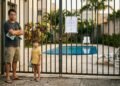 Homem e criança do lado de fora do portão fechado da área da piscina de um condomínio, com aviso preso à grade.