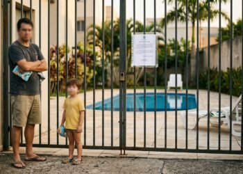 Homem e criança do lado de fora do portão fechado da área da piscina de um condomínio, com aviso preso à grade.