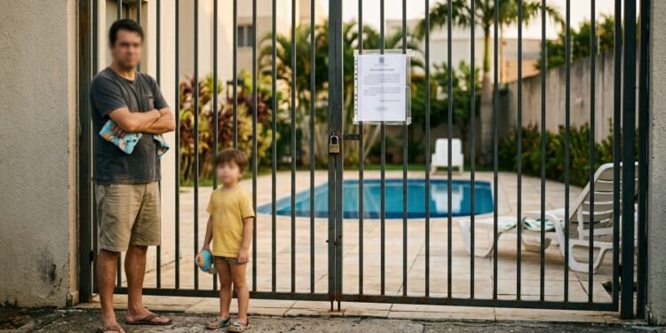 Homem e criança do lado de fora do portão fechado da área da piscina de um condomínio, com aviso preso à grade.