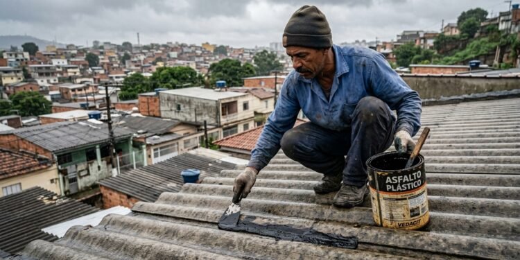 Mãos com luva aplicando cimento plástico com espátula sobre trinca em laje de concreto