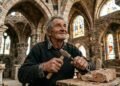 Idoso artesão trabalhando em escultura de pedra no interior de uma catedral construída manualmente.