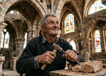 Idoso artesão trabalhando em escultura de pedra no interior de uma catedral construída manualmente.