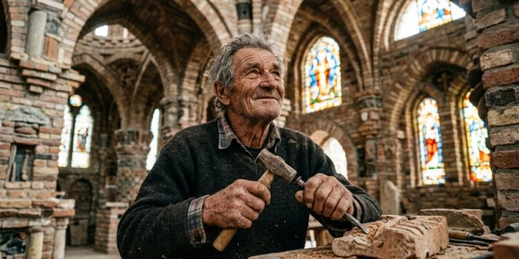 Idoso artesão trabalhando em escultura de pedra no interior de uma catedral construída manualmente.