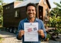 Homem sorridente segurando documento de isenção de impostos em frente a uma pequena casa de madeira sobre rodas.