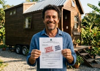 Homem sorridente segurando documento de isenção de impostos em frente a uma pequena casa de madeira sobre rodas.