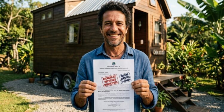 Homem sorridente segurando documento de isenção de impostos em frente a uma pequena casa de madeira sobre rodas.