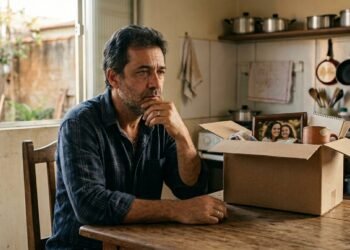Homem de meia-idade sentado sozinho à mesa da cozinha, ao lado de uma caixa de papelão com objetos de escritório.
