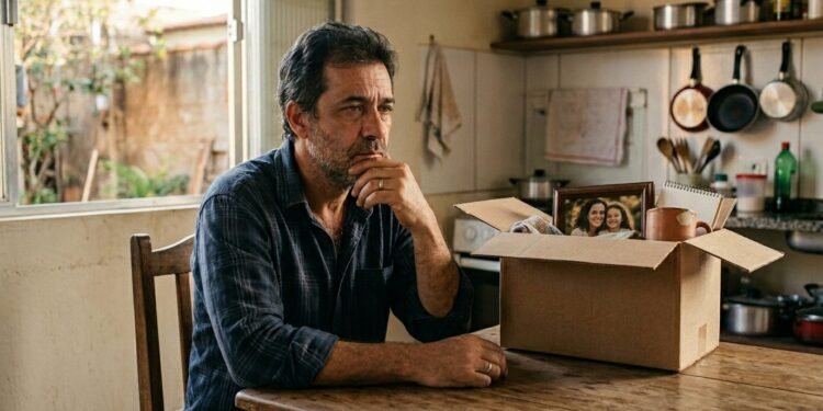 Homem de meia-idade sentado sozinho à mesa da cozinha, ao lado de uma caixa de papelão com objetos de escritório.