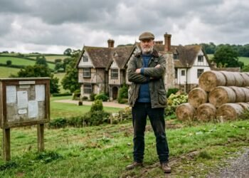 Homem de braços cruzados diante de mansão estilo castelo Tudor parcialmente revelada por trás de fardos de feno, no campo inglês.