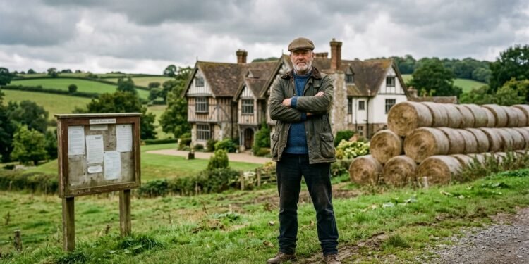 Homem de braços cruzados diante de mansão estilo castelo Tudor parcialmente revelada por trás de fardos de feno, no campo inglês.