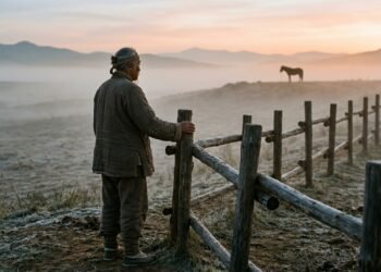 Homem idoso junto a uma cerca de madeira numa planície de fronteira ao amanhecer, observando um cavalo ao longe.