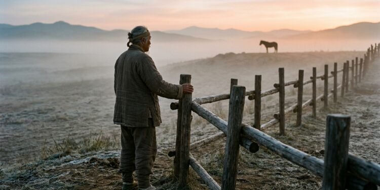 Homem idoso junto a uma cerca de madeira numa planície de fronteira ao amanhecer, observando um cavalo ao longe.