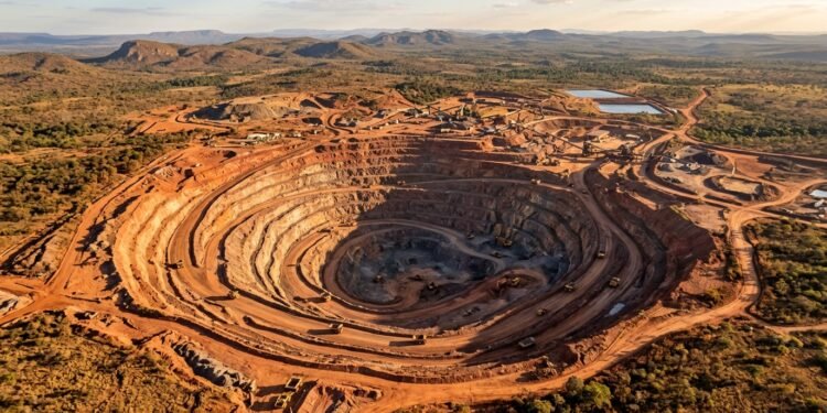 Mina a céu aberto de nióbio em Araxá, Minas Gerais, com terraços escavados em solo avermelhado.
