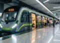Primeiro trem de metrô de fibra de carbono do mundo parado em estação moderna na China com passageiros embarcando