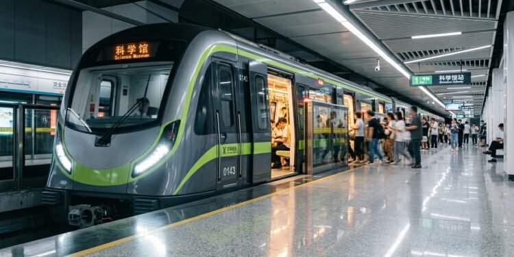 Primeiro trem de metrô de fibra de carbono do mundo parado em estação moderna na China com passageiros embarcando