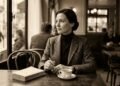 Retrato conceitual de uma mulher intelectual pensativa em um café parisiense clássico