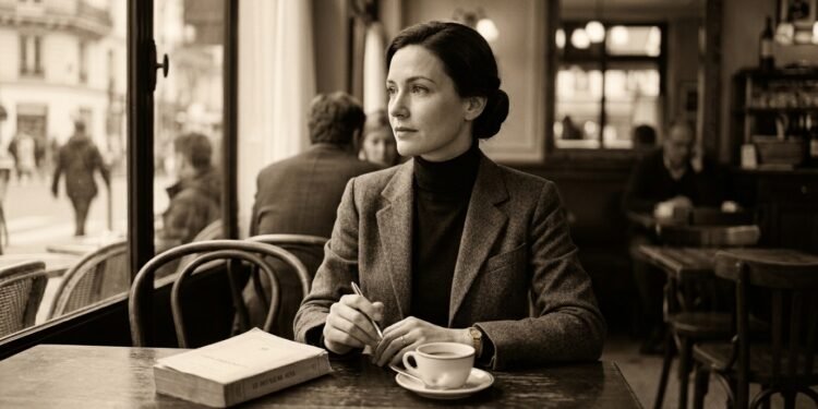 Retrato conceitual de uma mulher intelectual pensativa em um café parisiense clássico