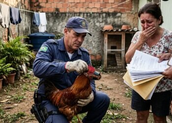 Agente municipal colocando uma focinheira em um galo enquanto a dona chora ao fundo segurando documentos.