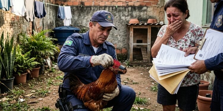 Agente municipal colocando uma focinheira em um galo enquanto a dona chora ao fundo segurando documentos.