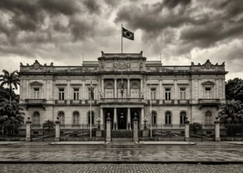 Fachada histórica do Palácio do Catete no Rio de Janeiro em foto estilo documental