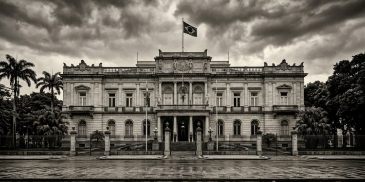 Fachada histórica do Palácio do Catete no Rio de Janeiro em foto estilo documental