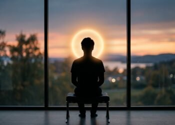 Silhueta de uma pessoa sentada em uma poltrona de frente para uma grande janela observando o pôr do sol, com um efeito de luz circular ao redor da cabeça, transmitindo calma e introspecção.