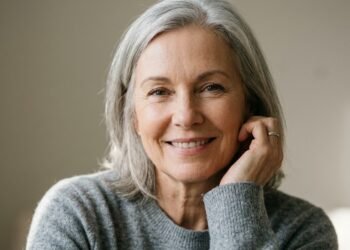 Pessoa com mais de 50 anos sorrindo, transmitindo vitalidade, resiliência e bem-estar emocional, destacando uma fase da vida marcada pela maturidade e equilíbrio.
