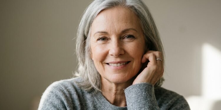Pessoa com mais de 50 anos sorrindo, transmitindo vitalidade, resiliência e bem-estar emocional, destacando uma fase da vida marcada pela maturidade e equilíbrio.
