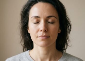 Rosto de uma pessoa com olhos fechados e expressão serena, simbolizando a prática de silêncio e busca por estabilidade emocional.
