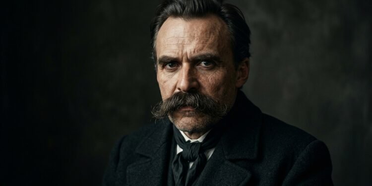Retrato de Friedrich Nietzsche, filósofo alemão do século XIX, com olhar intenso e bigode característico.