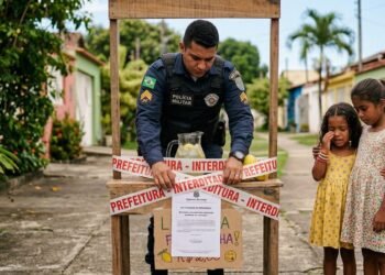 Policial militar interditando barraca de limonada de crianças enquanto duas irmãs choram ao lado.