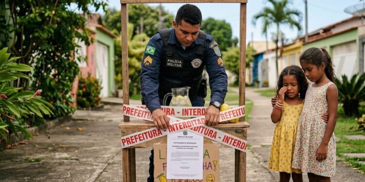 Policial militar interditando barraca de limonada de crianças enquanto duas irmãs choram ao lado.